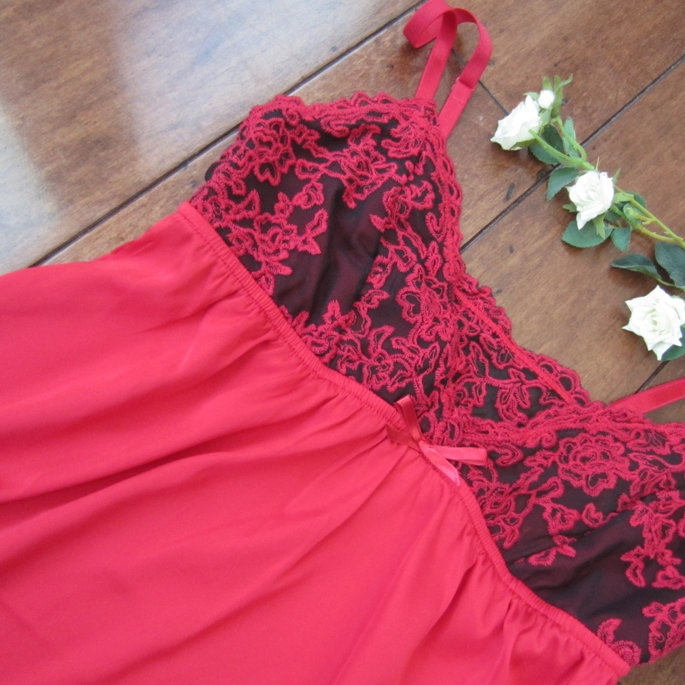 ❤️Tahari Satin Cami Shorty Red Black Lace Set - Picture 3 of 6